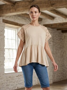 Feminine & Beautiful Beige Delicate Crocheted Lace-Trim Peplum Tunic Top
